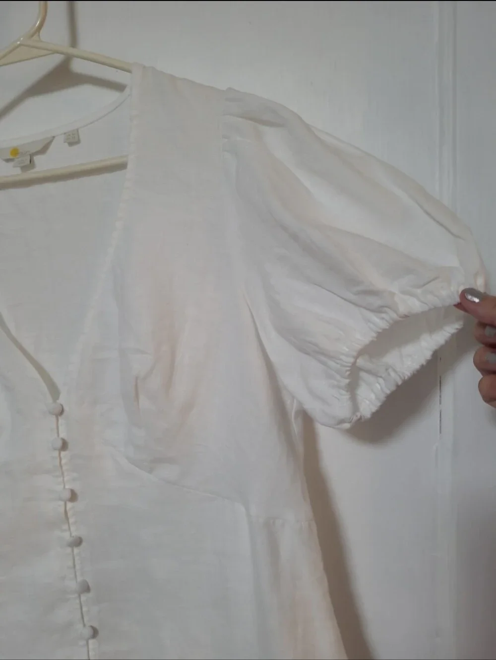 Boden Linen White Puff Sleeve Button-Front Blouse 12 LARGE